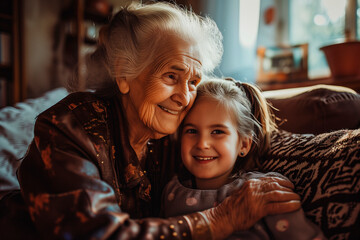 Happy grandmother with her granddaughter in a living room - Powered by Adobe