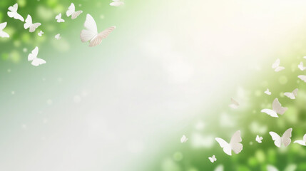 Obraz premium Green spring background with butterflies, bokeh lights and space for text