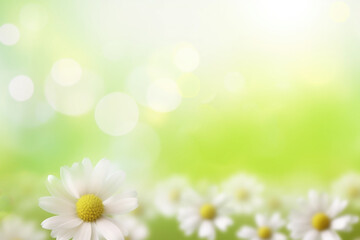 Beautiful daisy flowers on sunny spring meadow. Background with light bokeh and space for text.