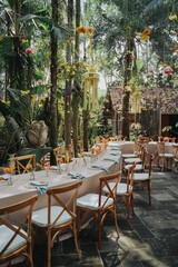 Arrangement decoration for intimate gathering with families or friends. Indonesian culture. Balinese, Javanese. Flower drops and hanging ornaments. Table setting. Long dinner table