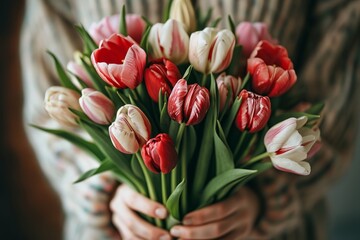 gentle bouquet of tulips held by caring hands, Generative AI