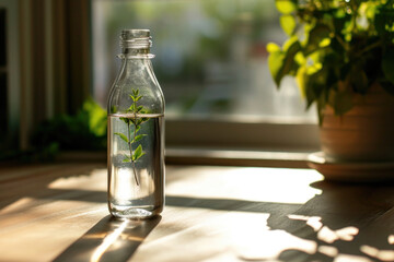 Clear Glass Water Bottle with  Green Sprout Inside