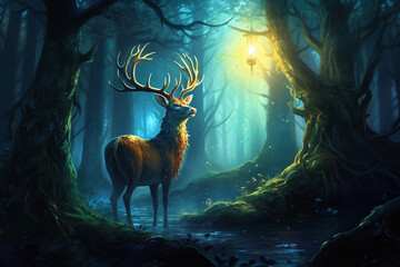 Mystical Stag Bathed in the Ethereal Light of a Mystical Forest