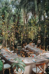 Arrangement decoration for intimate gathering with families or friends. Indonesian culture. Balinese, Javanese. Flower drops and hanging ornaments. Table setting. Long dinner table