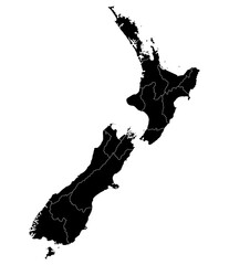 New Zealand map. Map of New Zealand in administrative provinces in black color