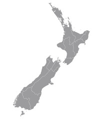 New Zealand map. Map of New Zealand in administrative provinces in grey color