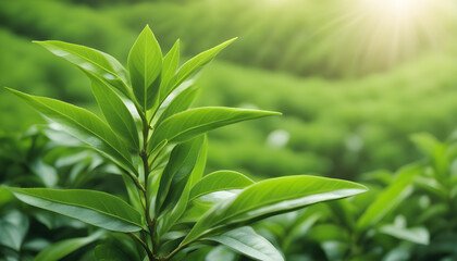 Fototapeta na wymiar Banner Green tea tree leaves farms in the sunlight