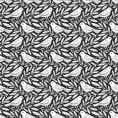 Obraz premium Hand drawn seamless pattern with decorative birds and branches Nature floral forest seamless pattern
