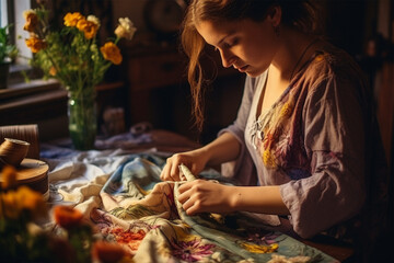 Woman embroidering clothes - obrazy, fototapety, plakaty