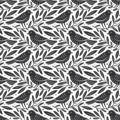 Hand drawn seamless pattern with decorative birds and branches Nature floral forest seamless pattern - 702834317