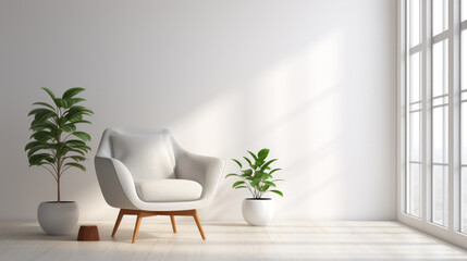 Minimalist Serenity, Modern Interior Charmed by a White Wall and Stylish Armchair.