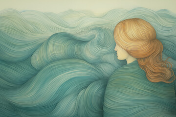 Illustration of woman watching waves. Emotion concept, dreamy style. - obrazy, fototapety, plakaty
