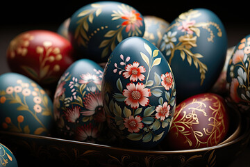 Easter eggs with colorful patterns close-up on a dark background. Easter stylish minimal composition.