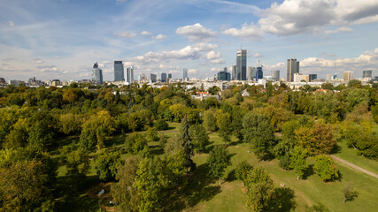 Fototapeta na wymiar Warsaw Panorama: Overlooking the Splendor of the City, with Pole Mokotowskie as the Majestic Heartbeat Below