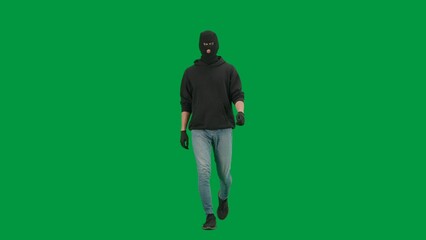 Portrait of thief on chroma key green screen background. Man robber wearing hoodie, jeans and black balaclava, walking getting ready for making a crime. - Powered by Adobe