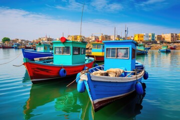 A traditional fishing village with colorful boats lined up along the shore