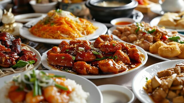 Traditional Chinese dishes on dinner table, Year of the dragon Chinese new year dinner party 2024, China lunar new year zodiac celebration asian cultural event gong xi fa cai