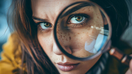 woman looking through magnifying glass at the viewer