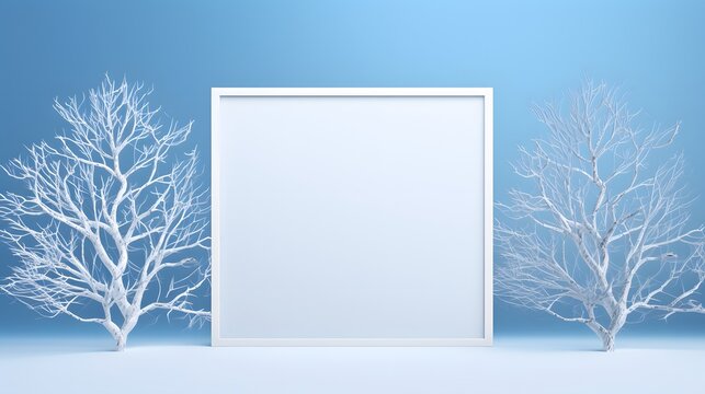 Mockup white line rectangle frame on abstract blue winter season background with tree shadow. Square border on empty space for Christmas backgrounds, poster or card.