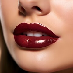 Obraz premium Close up lips of woman, dark red lipstick, Radiant, Youthful, Glowing, Flawless, Elegance, Chic, Alluring, Timeless, Glamorous, Confidence, beautiful white teeth, mouth slightly open