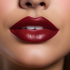 Close up lips of woman, dark red lipstick, Radiant, Youthful, Glowing, Flawless, Elegance, Chic, Alluring, Timeless, Glamorous, Confidence, beautiful white teeth, mouth slightly open