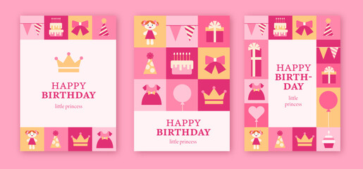 Set of 3 happy birthday pink postcards for girl