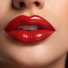 Fototapeta premium Close up lips of woman, bright red lipstick, Radiant, Youthful, Glowing, Flawless, Elegance, Chic, Alluring, Timeless, Glamorous, Confidence, beautiful white teeth, mouth slightly open