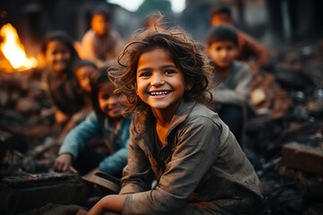 In the slums, the children sit around and practice, their laughter full of hope - obrazy, fototapety, plakaty