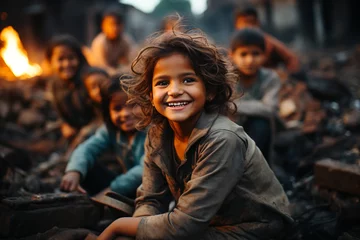 Fotobehang In the slums, the children sit around and practice, their laughter full of hope © amirhamzaaa