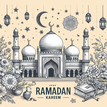 Eid Mubarak or Ramadan Kareem Hand Drawn creative design illustration. Hand Drawn Sketch of Islamic Mosque.