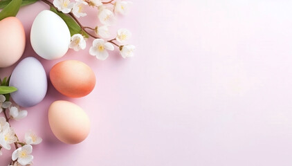 Colorful Easter eggs with white cherry blossoms on a pink background. Tender spring template with copy space. Postcard or banner