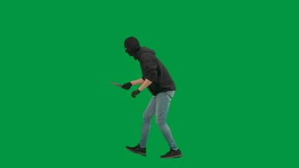 Portrait of thief on chroma key green screen background. Man robber in balaclava and hoodie walking...