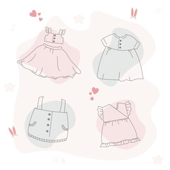 Set of 4 hand drawn girls dresses. 