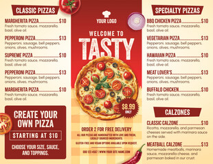 Pizza menu landscape template design. Vector illustration of food menu for pizza shop, cafe, and restaurant
