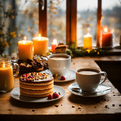 Obraz na płótnie Canvas Breakfast table hot coffee birthday cake with candy