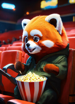 Cute small humanoid red panda sitting in a movie