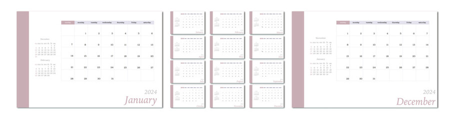  Vector flat illustration. Calendar for 2024 on a light background. Ideal for the design of your workplace. - obrazy, fototapety, plakaty