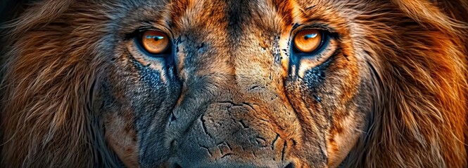 Majestic lion in close up portrait symbolizing king of wilderness. Fierce gaze. Intense look of apex predator of african savannah. Close encounter. Stunning portrait of powerful and beautiful leo - obrazy, fototapety, plakaty