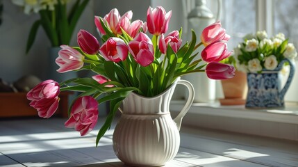 tulips in white jug in old interior style