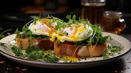 Eggs Benedict: English Muffins Topped with Fresh Arugula, Creamy Avocado Slices, and Perfectly...