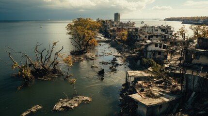 Aerial view of a Post-apocalyptic abandoned city. Destroyed overgrown town after apocalypses. Depressive abandoned city.