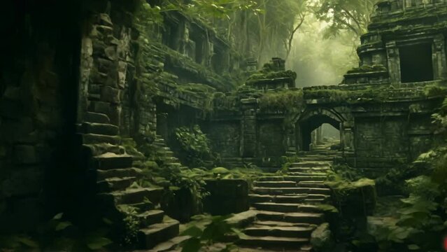 Ruins of an old lost city in the middle of the jungle. Ancient world concept. Architecture of past centuries. Nature has defeated civilization. Historical archaeological find. Green buildings.