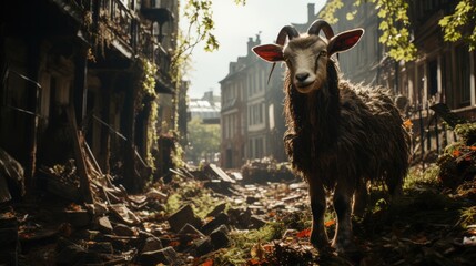 Animal in abandoned post apocalyptic city. Surviving animals in the post-apocalypse world. Destroyed city.
