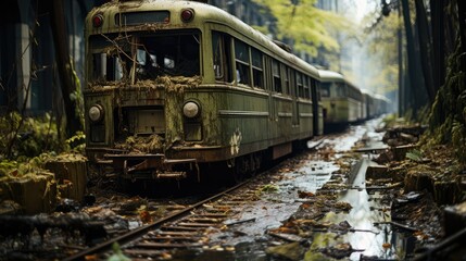 Post-apocalyptic view of an abandoned transport. Destroyed overgrown town after apocalypses. Depressive abandoned city.