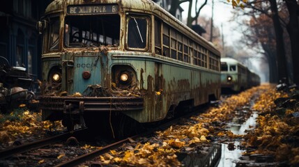 Post-apocalyptic view of an abandoned transport. Destroyed overgrown town after apocalypses. Depressive abandoned city.