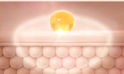 Cosmetic serum Oil drop on skin layers, Collagen and vitamin through cell, cosmetics solution concept. 3D rendering.