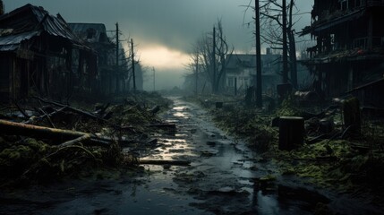 Post-apocalyptic abandoned city. Destroyed overgrown town after apocalypses. Depressive abandoned city.