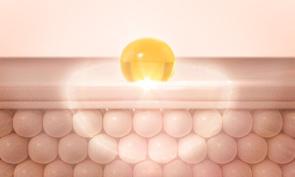 Cosmetic serum Oil drop on skin layers, Collagen and vitamin through cell, cosmetics solution concept. 3D rendering.