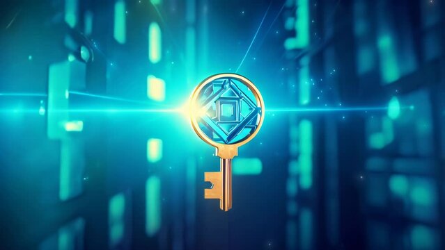 Golden key on dark blue computer digital background. Internet technology, information security and web access concept