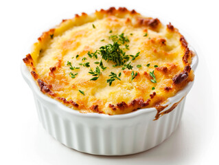Shepherd's pie isolated on a white background. Is a popular and famous food in Britain. - obrazy, fototapety, plakaty